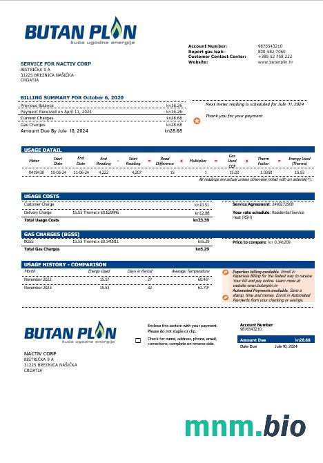 Croatia BUTAN PLIN Doo Gas rachunek za usługi komunalne szablon w formatach word i PFD